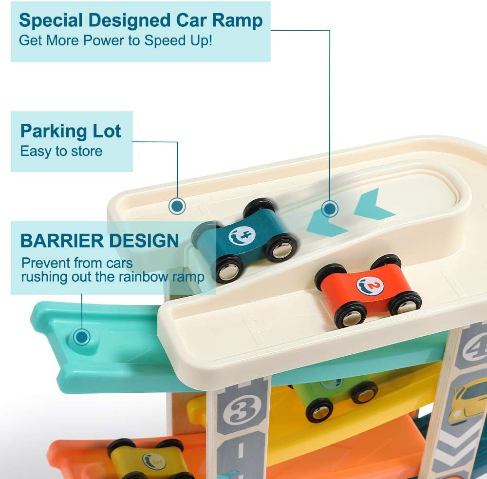 Toddler Wooden Race Track Car Ramp Toys for 1 2 Year Old Baby Motor Skills Race Tracks Car Ramp Vehicle Playsets with 4 Mini Cars and 1 Car Garage