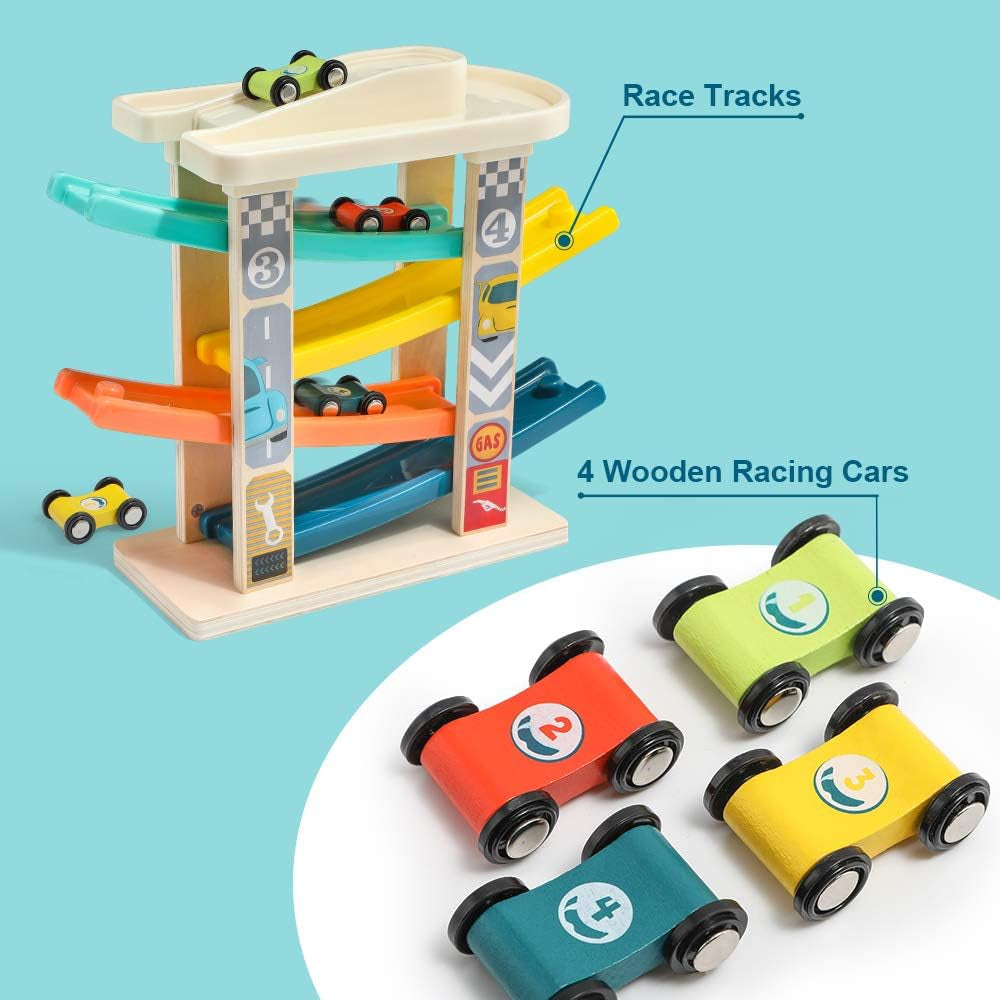 Toddler Wooden Race Track Car Ramp Toys for 1 2 Year Old Baby Motor Skills Race Tracks Car Ramp Vehicle Playsets with 4 Mini Cars and 1 Car Garage