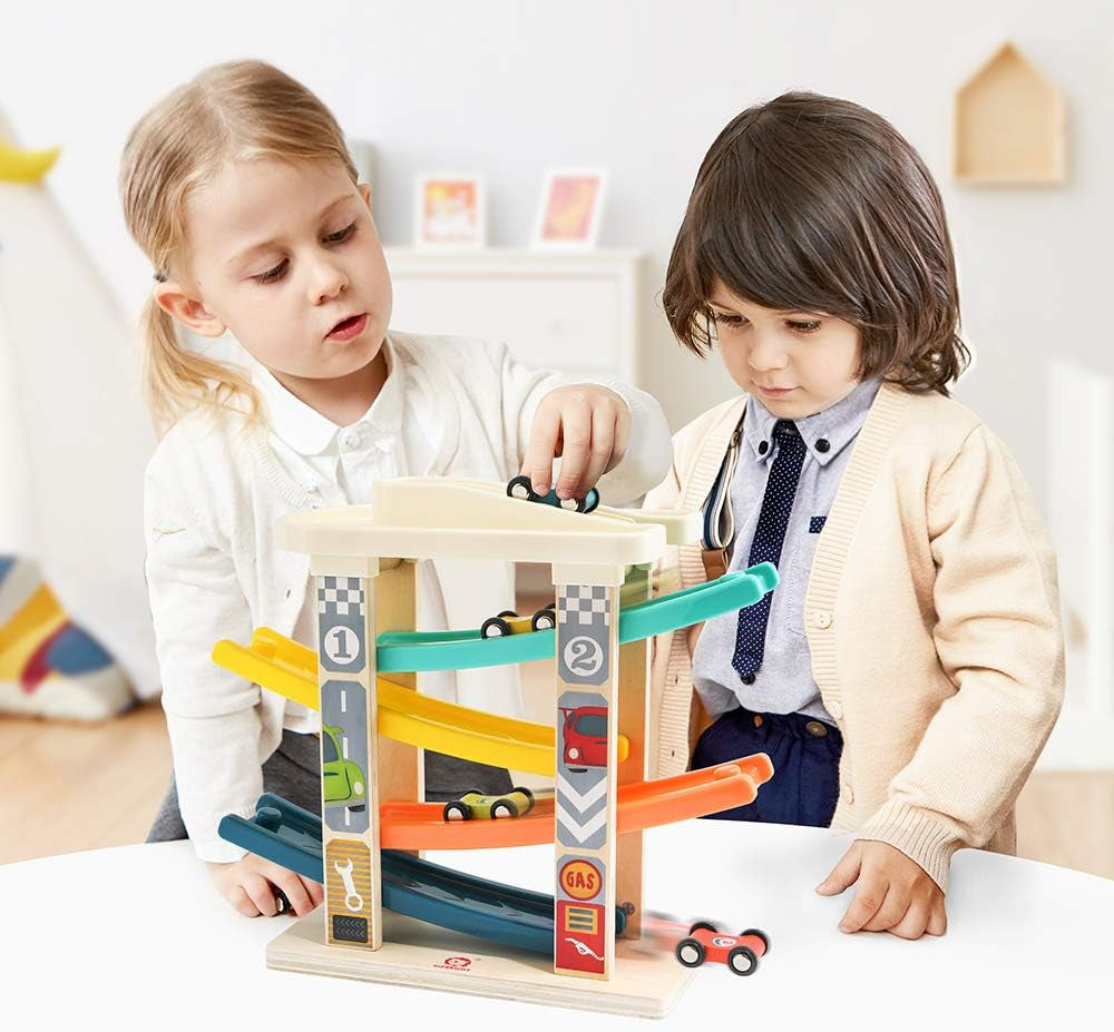 Toddler Wooden Race Track Car Ramp Toys for 1 2 Year Old Baby Motor Skills Race Tracks Car Ramp Vehicle Playsets with 4 Mini Cars and 1 Car Garage