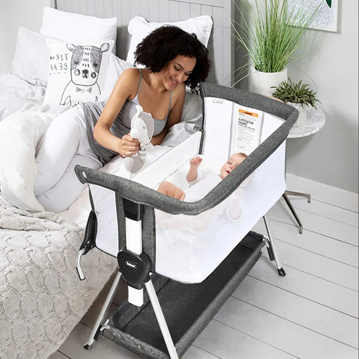 Baby Bassinet Bedside Crib, Newborn Sleeper W/Large Storage Basket, Adjustable Heights & Angle, Detachable Mattress, Breathable Mesh, Easy Moving Bed Side, Dark Grey