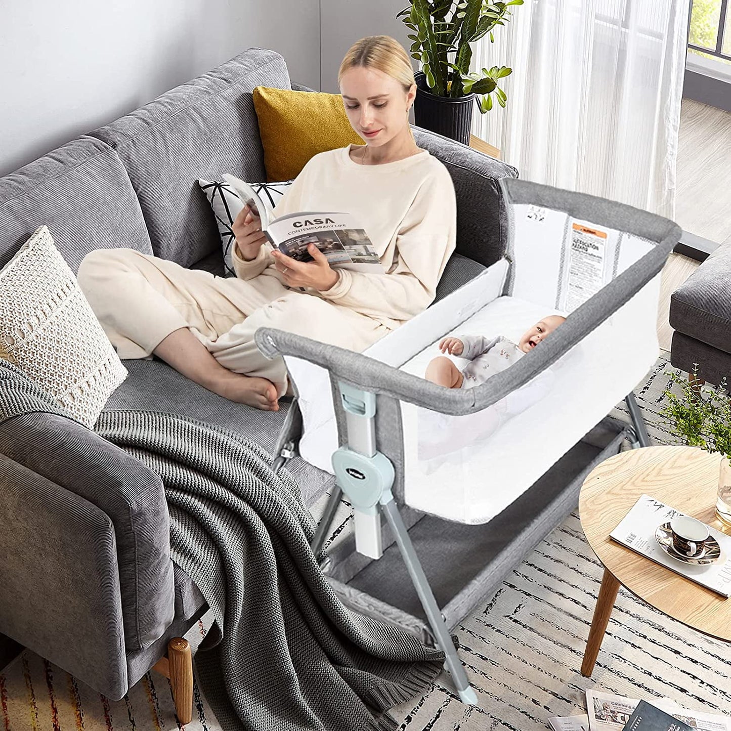 Baby Bassinet Bedside Crib, Newborn Sleeper W/Large Storage Basket, Adjustable Heights & Angle, Detachable Mattress, Breathable Mesh, Easy Moving Bed Side, Dark Grey