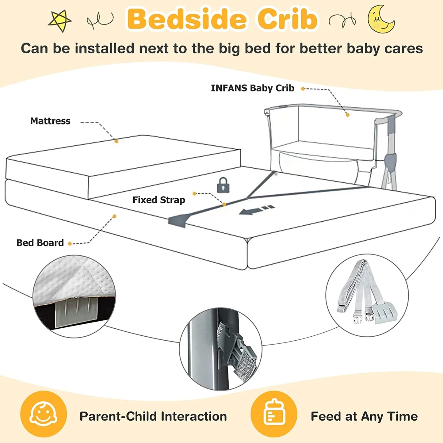 Baby Bassinet Bedside Crib, Newborn Sleeper W/Large Storage Basket, Adjustable Heights & Angle, Detachable Mattress, Breathable Mesh, Easy Moving Bed Side, Dark Grey