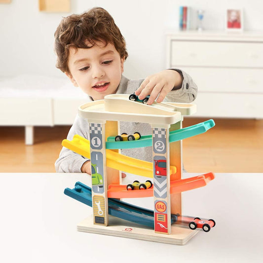 Toddler Wooden Race Track Car Ramp Toys for 1 2 Year Old Baby Motor Skills Race Tracks Car Ramp Vehicle Playsets with 4 Mini Cars and 1 Car Garage