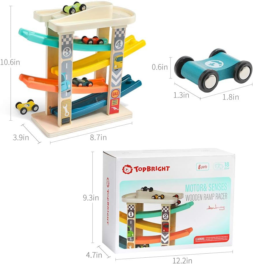 Toddler Wooden Race Track Car Ramp Toys for 1 2 Year Old Baby Motor Skills Race Tracks Car Ramp Vehicle Playsets with 4 Mini Cars and 1 Car Garage