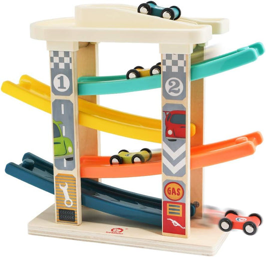 Toddler Wooden Race Track Car Ramp Toys for 1 2 Year Old Baby Motor Skills Race Tracks Car Ramp Vehicle Playsets with 4 Mini Cars and 1 Car Garage