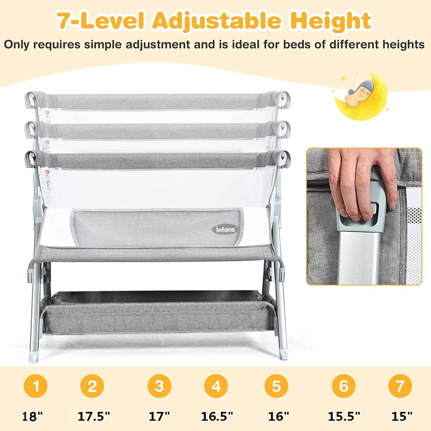 Baby Bassinet Bedside Crib, Newborn Sleeper W/Large Storage Basket, Adjustable Heights & Angle, Detachable Mattress, Breathable Mesh, Easy Moving Bed Side, Dark Grey